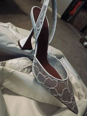 Amina Muaddi White Lace Pointed Slingback Heels